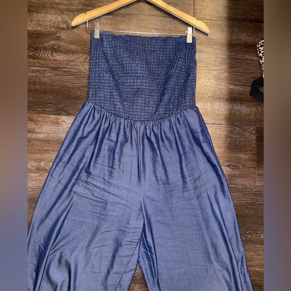 Mile Gabrielle Smocked strapless, wide-leg Dark Denim Color Fabric jumpsuit L - Picture 2 of 11